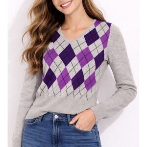 Apt 9 Womens Gray Purple Argyle 100% Cashmere Sweater V Neck Long Sleeve Medium